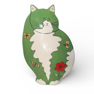 CRACKS Vintage Fat Cats OMC Anne Ormsby Green Cat Vase Planter Butterfly READ